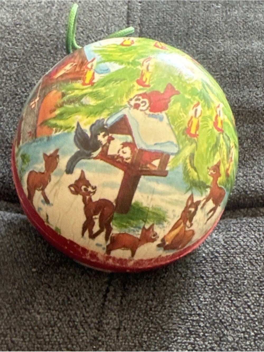 Vintage Christmas Deer & Bird Round paper mache ornament - Multicolor